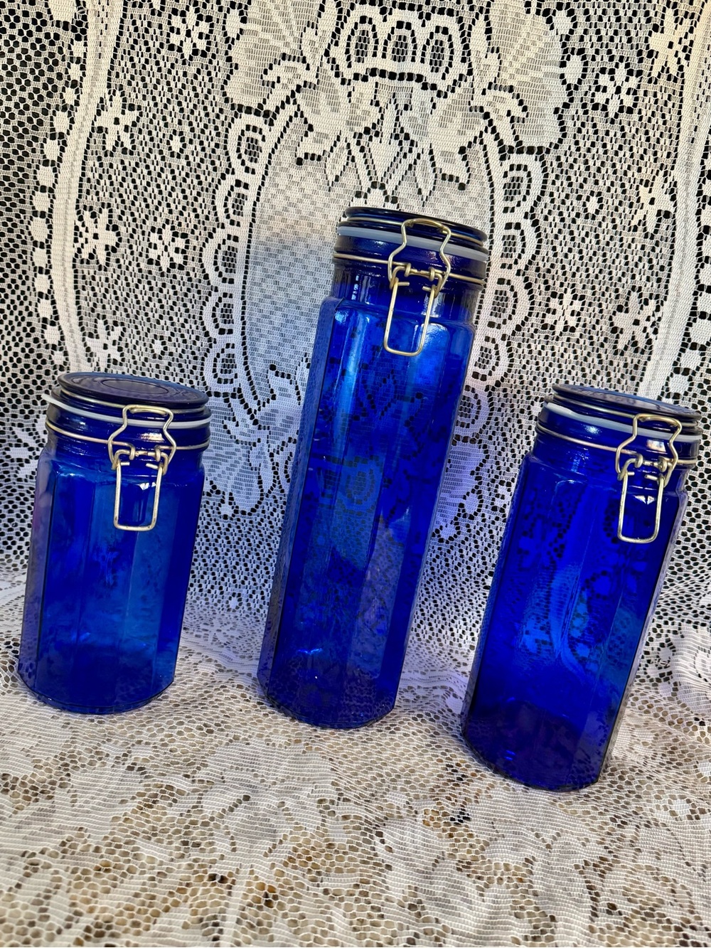 3 Vintage Cobalt Blue 12 Panel Glass Canisters with wire bails and glass lids
